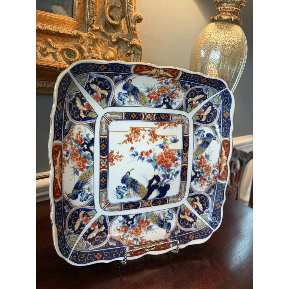 Vintage Japanese Imari Porcelain Platter Square Scalloped Tray Peacock Flowers